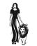 Sketch illustration. Girl walking with lion. Hand drawn