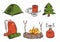 Sketch image of tourist equipment, dishes, tent, pine tree, tourist backpack with mat, campfire for cooking and gas
