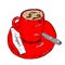 Sketch ink and color graphic. Red cup of coffee on a plate with a tea spoon and sugar illustration, hand drawn vector