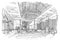 Sketch interior perspective lobby hall, black and white interior design.