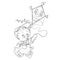 Sketch of a kitten character playing with a kite, coloring, isolated object on a white background, vector illustration