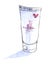 Sketch of light blue or white Tube of cosmetic hand cream standing vertically on a wide lid. Hand-drawn real watercolor