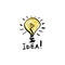 Sketch light bulb icon, idea concept. Doodle style, handdrawn funny sign