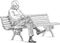 Sketch of lonely old man sitting in brooding on park bench