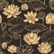 Sketch lotus seamless pattern. Floral composition water lily flowers and leaves, monochrome lotuses for products