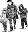 Sketch of a man with his children going to school