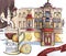 Sketch markers travel Moscow streets Asian style pagoda mansion coffee and chocolate house of a merchant on an old street Russian