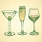 Sketch martini, champagne and wine glass