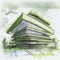 Sketch of modern office building on a background of green trees. Eco-friendly architecture.