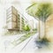 Sketch of modern office building on a background of green trees. Eco-friendly architecture.