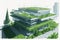 Sketch of modern office building on a background of green trees. Eco-friendly architecture.