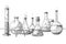 Sketch of objects of a chemical laboratory. Glassware for a chemical experiment. Vector pharmaceutical flasks, beakers and test