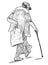 Sketch of old woman with stick striding down street