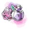 Sketch outline bottle of female perfume with flower and colorful spots. Vector hand drawn illustration