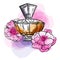 Sketch outline bottle of female perfume with flowers and colorful spots. Vector hand drawn illustration