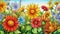 Sketch the outline of a cheerful sunflower garden with tall stems and big, bright petals for coloring fun.