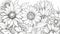 Sketch the outline of a cheerful sunflower garden with tall stems and big, bright petals for coloring fun.