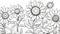 Sketch the outline of a cheerful sunflower garden with tall stems and big, bright petals for coloring fun.