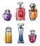 Sketch outline set of female perfumes bottles with color spots. Vector hand drawn illustration