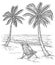 Sketch palm tree landscape. Tropical palm beach, exotic trees and sea waves. Vintage hand drawing vector relaxing summer