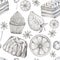 Sketch pencil line seamless pattern Icons of dessert bakery shop cupcake cake snack Illustrations design for restaurant, cafe, bar