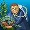 Sketch of a poster of a male diver and a large sea turtle. Vector cartoon close-up illustration.