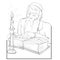 Sketch, rabbi reading a book by candlelight, coloring book, isolated object on white background, vector illustration