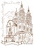 Sketch of Russian Orthodox Church. Ukrainian church, engraving style.