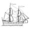 Sketch, sailing historic ship, coloring book, isolated object on white background, cartoon illustration, vector
