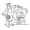 Sketch of a sauna worker next to the stove and a broom in his hands, cartoon illustration, isolated object on a white background,
