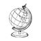 Sketch of a school globe on a stand. The map shows South and North America. Element for the education and study of