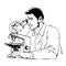 Sketch of scientist looking through microscope. Vector