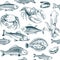 Sketch seafood seamless pattern. Oyster salmon lobster shellfish. Hand drawn seafoods vintage vector background