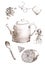 Sketch set lemon, tea, sugar, candy and star anise.hand drawn illustration of tea set. Sketch.