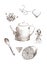 Sketch set lemon, tea, sugar, candy and star anise.hand drawn illustration of tea set. Sketch. Vector illustration