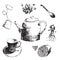 Sketch set teapot, lemon,cup, tea, sugar, candy and star anise.hand drawn illustration of tea set. Sketch.
