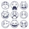 Sketch smiley. Smile expression icons, emoticons faces. Hand draw vector mood characters