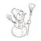 A sketch of a snowman with a bucket on his head and a broom in his hand.