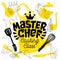 Sketch style master chef cooking class lettering. Sign, logo, emblem. Hand drawn vector illustration.