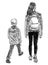 Sketch of teen girl with her little brother walking outdoors