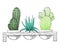 Sketch three succulents in pots on a wooden stand. Stylized watercolor. Vector illustration