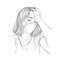 Sketch of tired young woman in medical face mask and has headache, Vector hand drawn