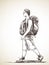Sketch of tourist walking with two backpacks, Hand drawn vector