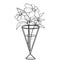 Sketch of a triangular transparent vase in which there are flowers, coloring book, cartoon illustration, isolated object on a