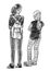 Sketch of two schoolgirls standing and talking outdoors