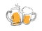 Sketch of two toasting beer mugs. Cheers. Clinking glass tankards. Hand drawn vector illustration.