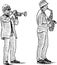 Sketch of two young street musicians playing on trumpet and saxophone