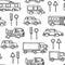 Sketch urban transportation vector seamless pattern.