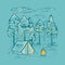 Sketch vector of a coniferous forest tent bonfire and clouds. Romantic hand drawn color vector illustration.