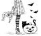 Sketch of Witch with wizard hat in hand in halloween costume, black cat and pumpkin. Black and white